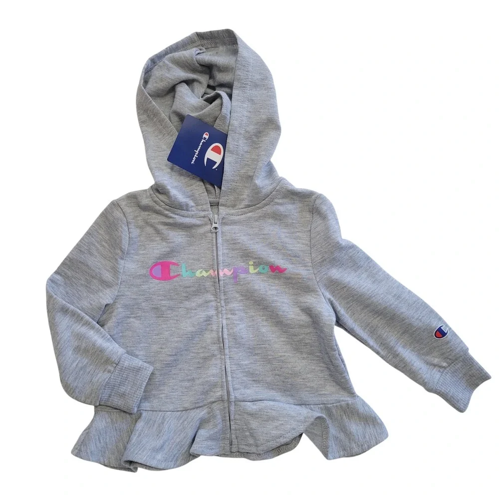 Champion Zip Hoodie Toddler Girls 18M Gray Rainbow Logo Peplum Ruffle CAW951